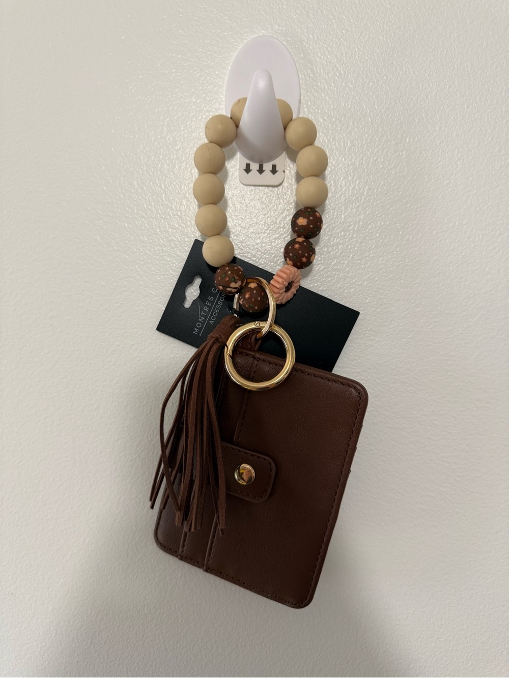 Wristlet Keyring with Beaded Strap and Tassel - Brown